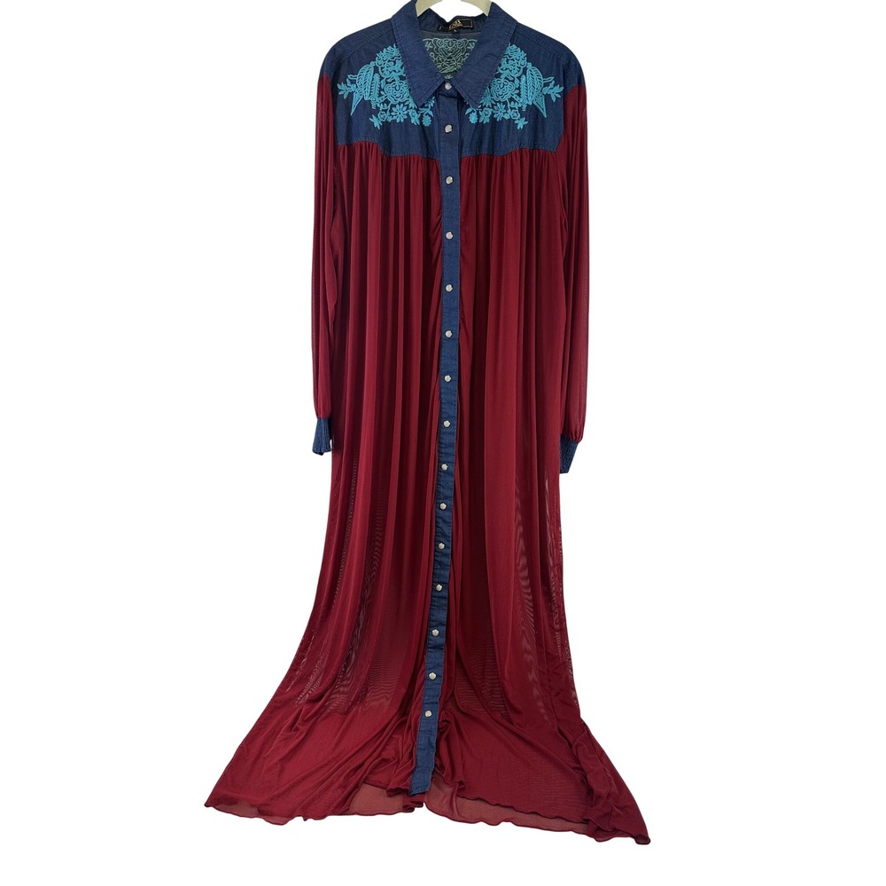 Lucky Blessed Western Duster Burgundy Sheer Embroidered Denim Trim Snaps Large